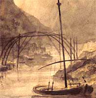 A watercolour of the Iron Bridge under construction, by Elias Martin