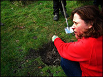 Stephanie tree planting at Wyldwoods
