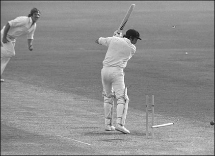 Ian Botham of England bowls Rodney Hogg of Australia in December 1978