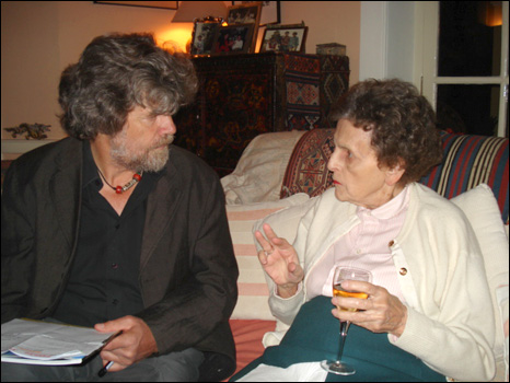 Elizabeth Hawley deep in conversation with the Italian climber Reinhold Messner