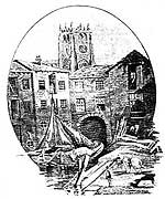 black and white print of Bradford Canal Basin