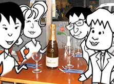 Helen, Alice, Khalid, and Tim in a restaurant