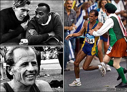 German long jumper Lutz Long (top left, pictured with America's Jesse Owens) at the 1936 Olympics, Czechoslovkia's Emil Zatopek at the 1952 Games (bottom left) and Brazilian marathon runner Vanderlei de Lima at the 2004 Games