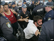 A man is arrested at Cronulla Beach in Sydney, 2005, after ethnic tensions erupted into violence