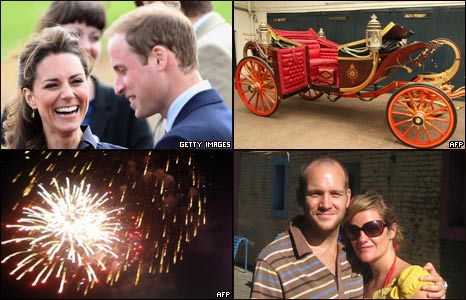 Kate Middleton and Prince William (top left), a royal carriage (top right), David and Jennifer (bottom right), fireworks (bottom left)