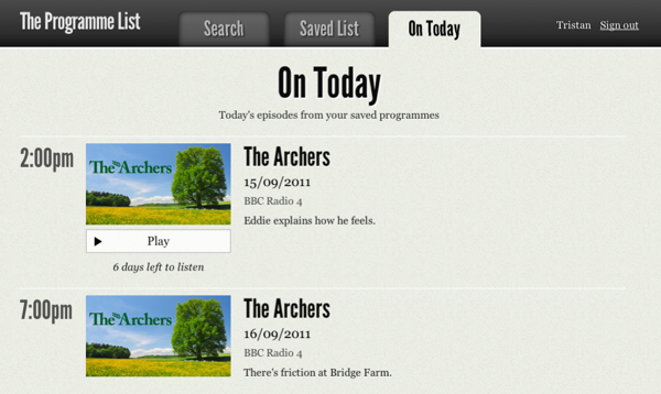 On Today screen for The Programme List