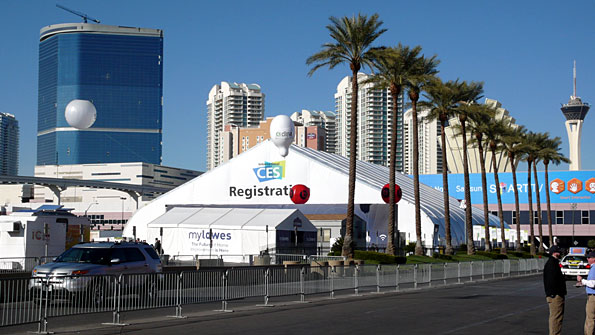 Large white tent by a road lined with palm trees.