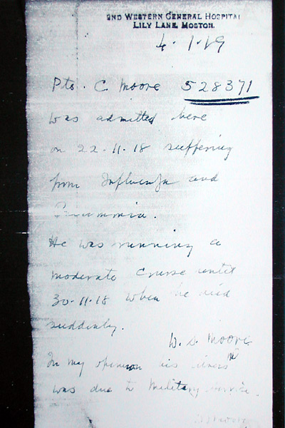 Jim Moore's great uncle Charles is recorded as having died of flu, and pneumonia, due to military service. 