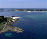 Aerial picture of some of the many islands that make up the Isles of Scilly
