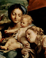 Mary and Mary Magdalene (bottom right) cuddling baby Jesus, who has a hand on Mary Magdalene's head