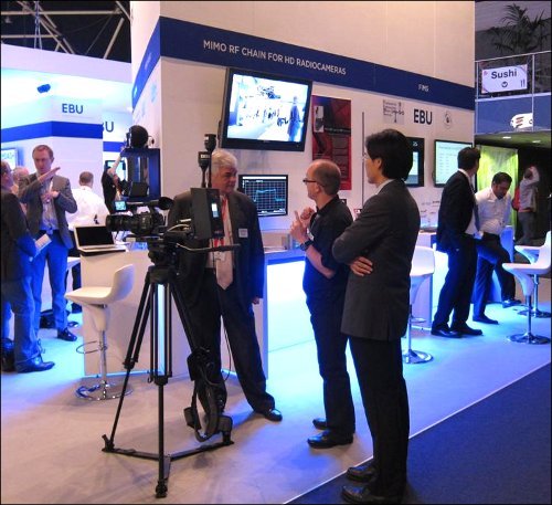Members of the halfRF team demo the technology on the EBU stand at IBC