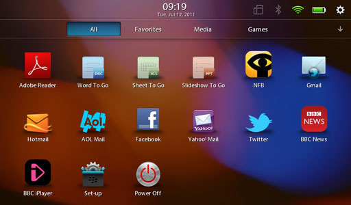 tablet screenshot with a dozen software icons, including BBC News and iPlayer