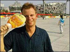 James Pearce tries to stay cool by the Birds Nest