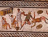 Detail of circus games from a Roman mosaic showing amphitheater scenes from Leptis Magna