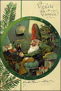 Pohlednice s motivem trpaslíka, kolem roku 1900