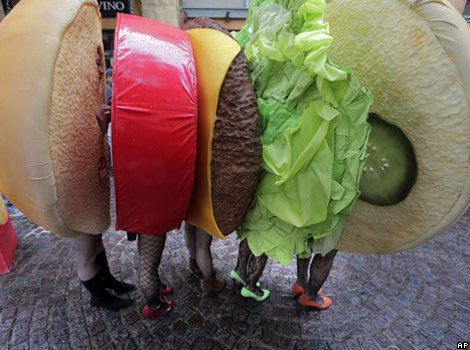 A group of youngsters, dressed up as a sandwich, in a fancy dress march during a Halloween event in Kawasaki, near Tokyo
