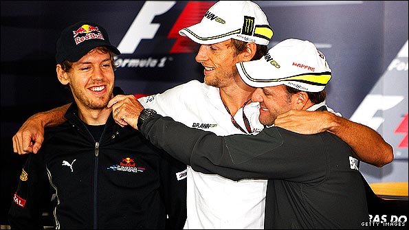 Sebastian Vettel, Jenson Button and Rubens Barrichello