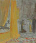 A Bedroom with a Fire Burning, and a Bed with Yellow Curtains by J.M.W. Turner