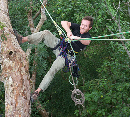 Bruce hanging from a tree in a harness