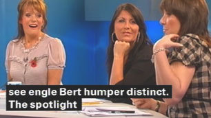 A still from Loose Women, showing the subtitle 'engle Bert humper distinct' instead of 'Engelbert Humperdinck'