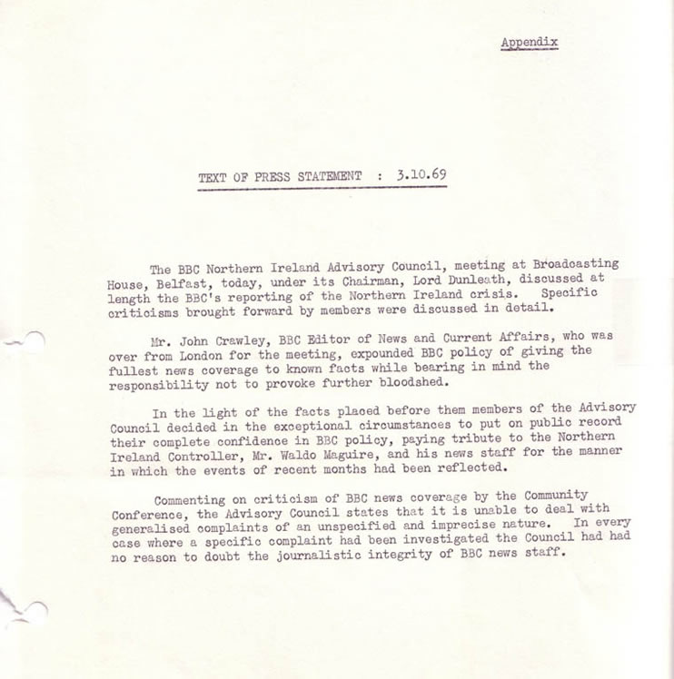 Press Statement - BBC Northern Ireland Advisory Council Minutes, October 1969