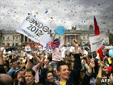 People celebrating London winning the 2010 Olympic Games