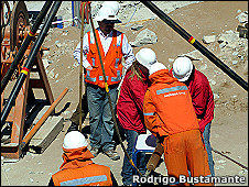 Operarios envían una de las palomas de comunicación a la mina