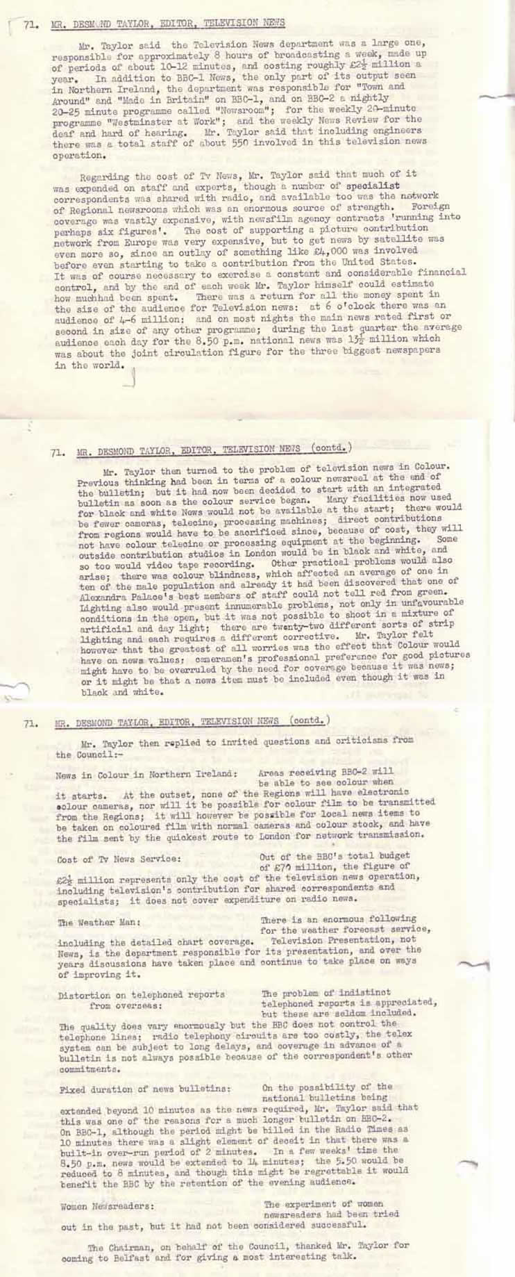 Desmond Taylor, Editor Network Television News - BBC Northern Ireland Advisory Council, Sept 1966