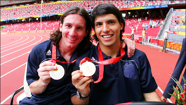 Argentine duo Lionel Messi (left) and Sergio Aguero celebrate winning the Olympic football tournament in 2008.