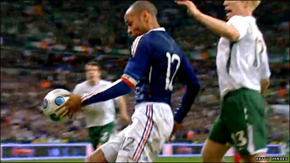 France captain Thierry Henry's controversial handball against the Republic of Ireland