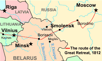 Map showing the route of Napoleon's retreat from Moscow to Vilnius