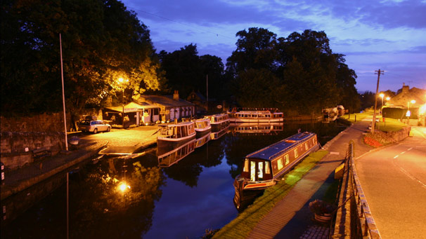 Canal boats moored in evening light