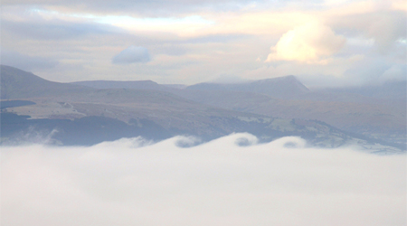 View over Llangors with the Brecon Beacons behind. Image by Will Lewis, Powys. 