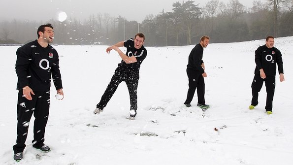 The England rugby team play in the snow
