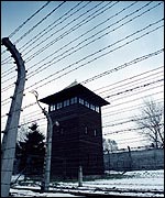 A watchtower through the barbed wire at Auschwitz