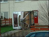 A caravan blown over in the strong gales