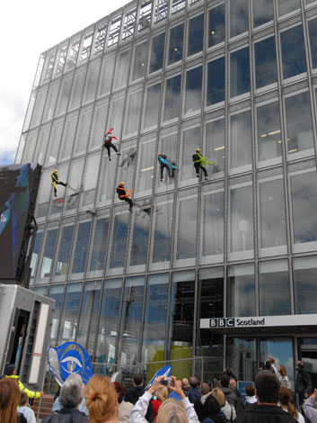Abseilers on BBC Scotland's Pacific Quay building