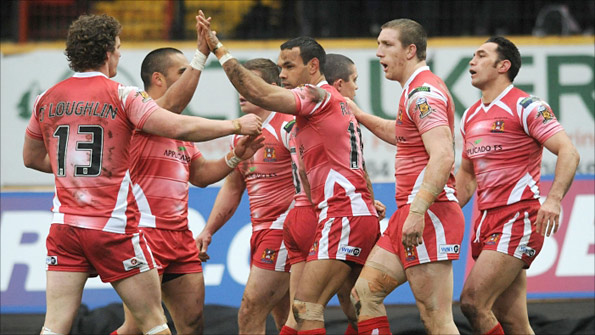 Wigan celebrate a try last week against Bradford