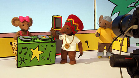 Rastamouse characters on set: Scratchy, Rastamouse and Zoomer