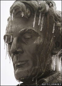Icy statue of Lincoln in Des Moines