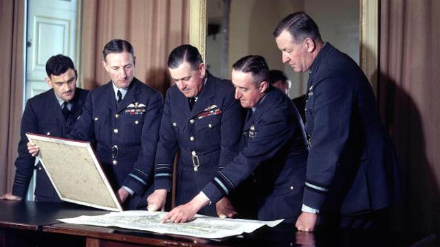 Air Vice Marshall Sir Trafford Leigh Mallory (centre), Commander-in-Chief of the Fighter Command, with his staff in April 1943. 