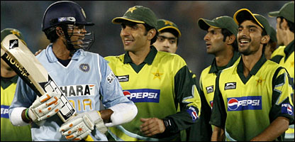 Pakistan fielders share a joke with last batsman Sree Santh