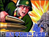 Cartaz norte-coreano mostrando mísseis apontados para o Capitólio de Washington