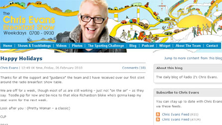 Screenshot of Chris Evans' Radio 2 blog