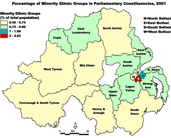 Map showing percentage of minority ethnic groups in NI parliamentary constituencies in 2001, which was less than 1% making it one of the lowest in the European Union.