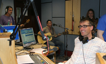 Mark Patterson and the Daft Monkeys wait to go on air.