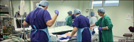 Surgeons performing an operation on a patient at Birmingham Queen Elizabeth Hospital