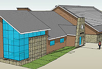 Dewch i fewn i'r ysgol werdd. Cerrig o chwarel yn Sir Fôn fydd o gwmpas y brif fynedfa.