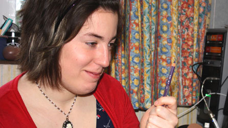 Nicola appears rather sceptical about the eyeliner pencil. It looks like some kind of lethal instrument to her