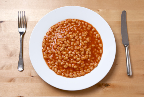 Baked beans on a plate.
